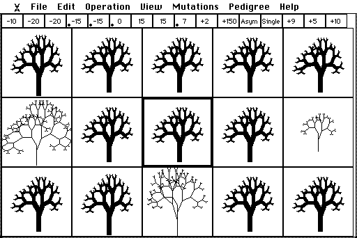 The breeding screen: a strip of 16 numbered gene boxes across the top, and a grid of 15 boxes, each holding a tree-like biomorph; the centre box has a thick frame.