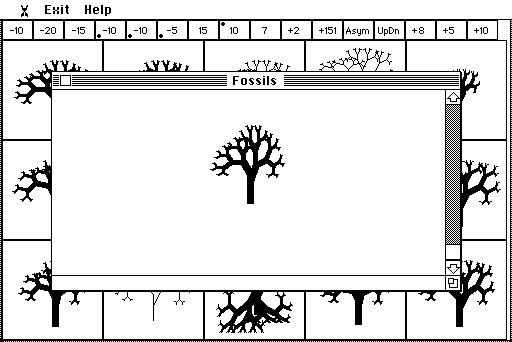 The Fossils window over the breeding screen, with a tree biomorph inside it and a scroll bar on the right; the menu bar shows only Exit and Help.