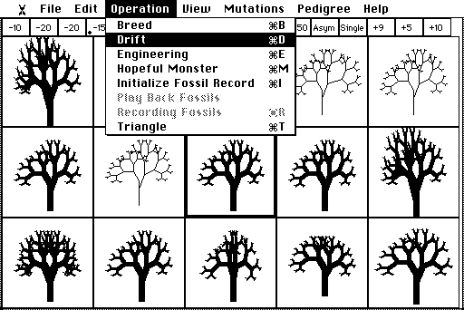 The Operation menu open over the breeding screen, listing Breed, Drift, Engineering, Hopeful Monster, Initialize Fossil Record, Play Back Fossils, Recording Fossils, Triangle.