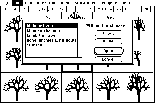 The Open dialog listing Dawkins' files: Alphabet zoo, Chinese character, Exhibition zoo, Handkerchief with bows, Stunted; buttons Eject, Drive, Open, Cancel.